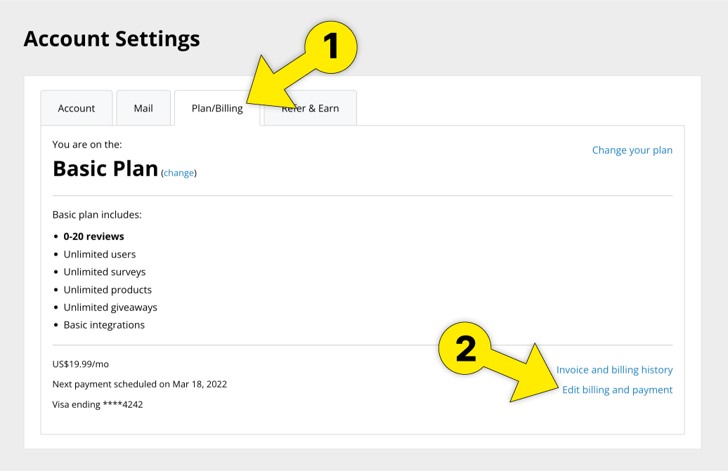 Click the "Plan/Billing" tab, then (2) click one of the "Edit billing and payment" link