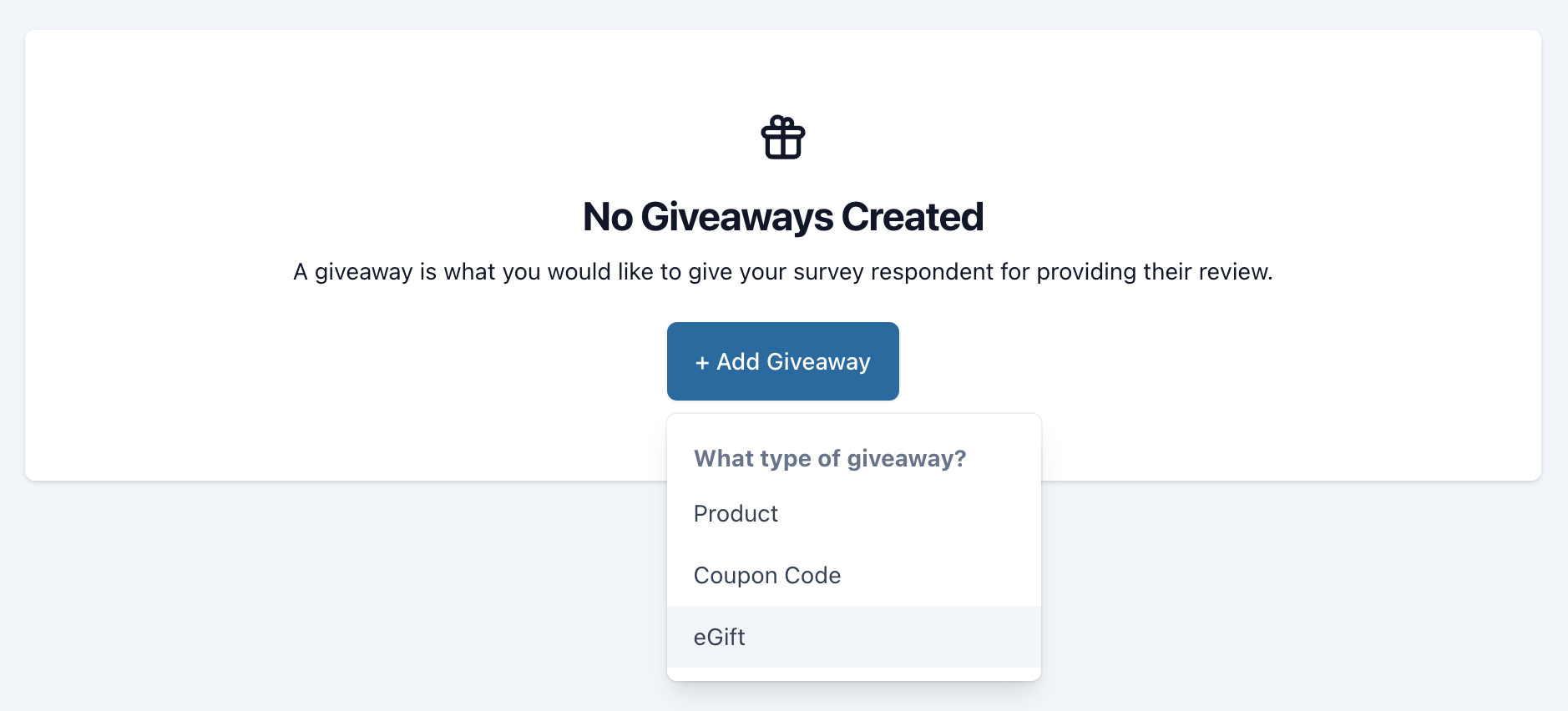 On the giveaway page, click "Add Giveaway" and then select "Coupon."