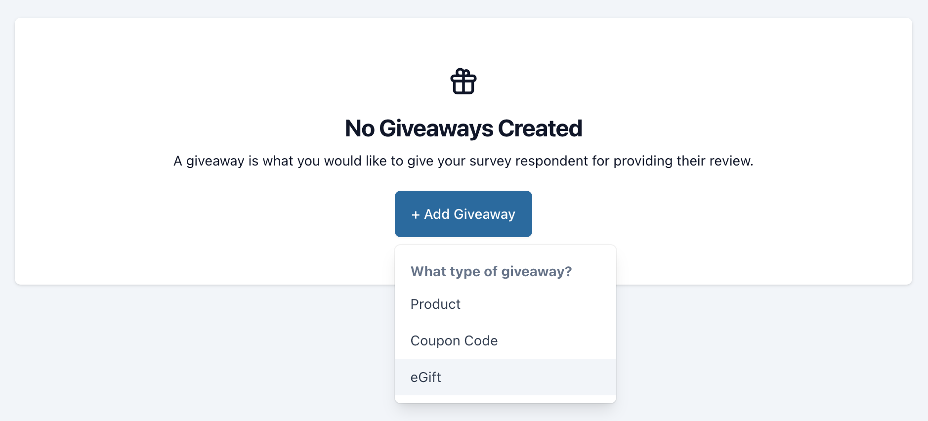 On the giveaways page, click "Add Giveaway" and then select "eGift."