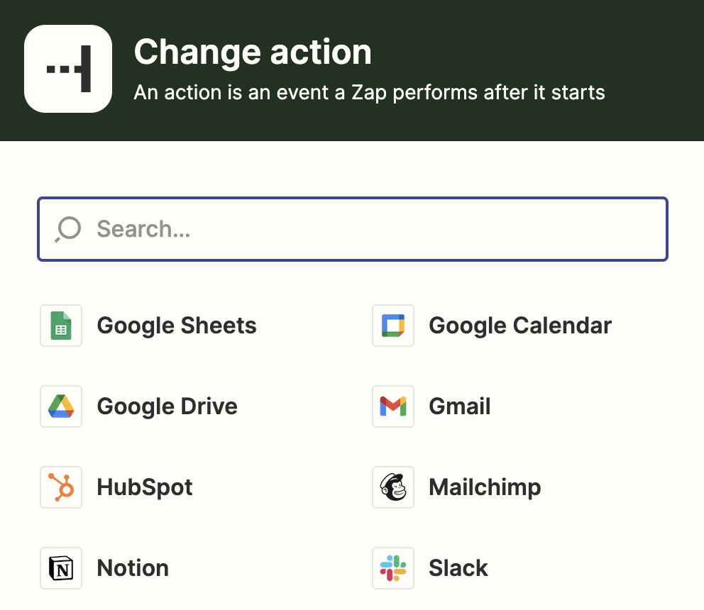 Zapier action selection