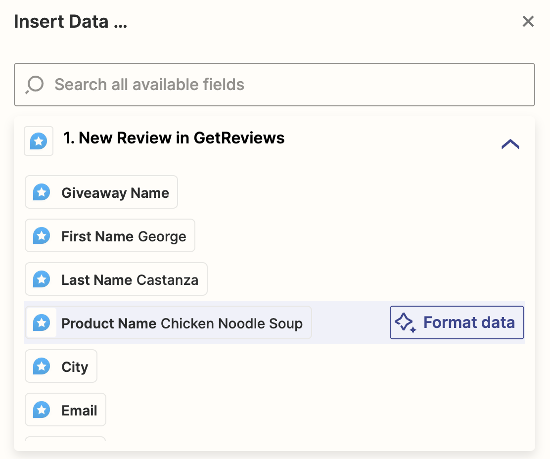 Zapier data mapping to GetReviews