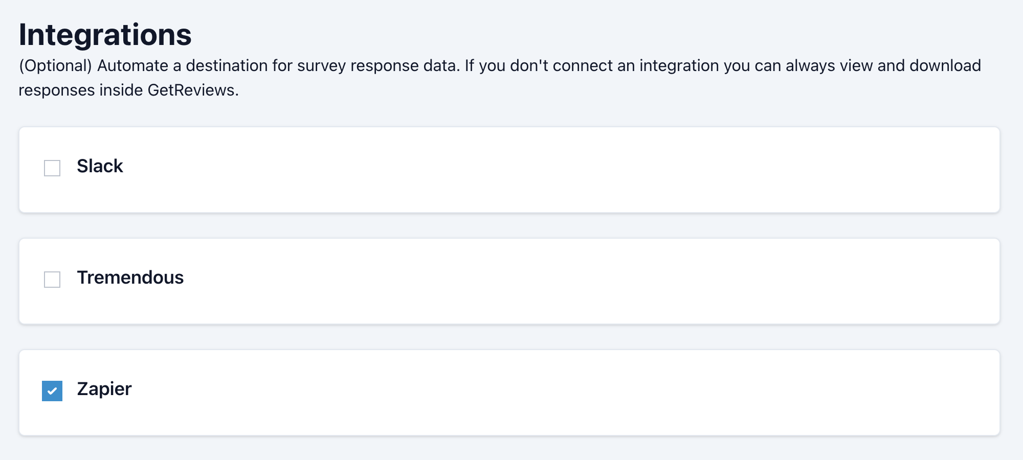 Zapier to GetReviews survey enablement