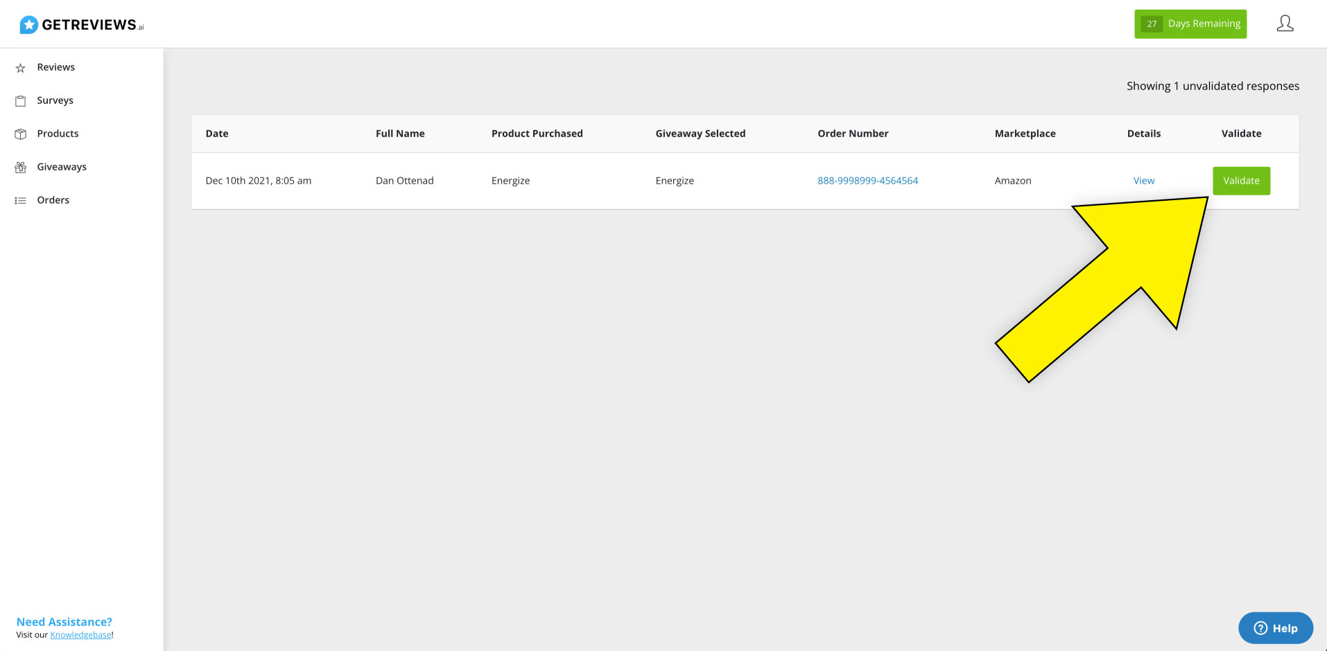 Validation center showing the validation button